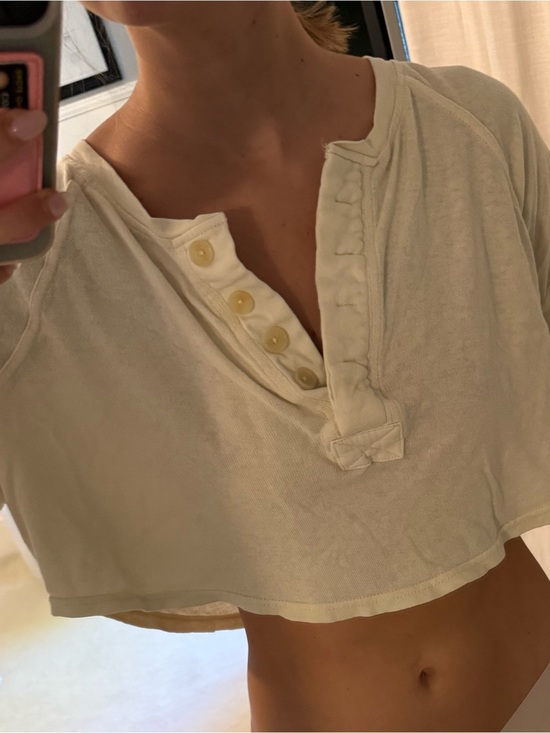 BDG Tops - BDG Cream Cropped Henley with Button Placket
